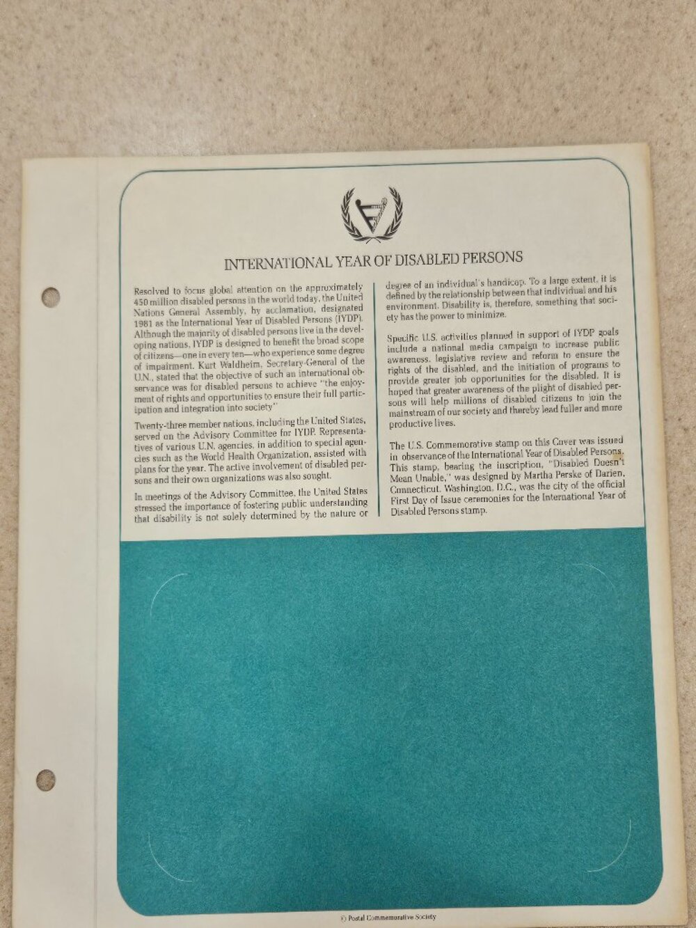 RARE COLLECTIBLE USPS 1ST DAY ISSUE COMMEMORATIVE CARDCOVER DISABLED PERSONS